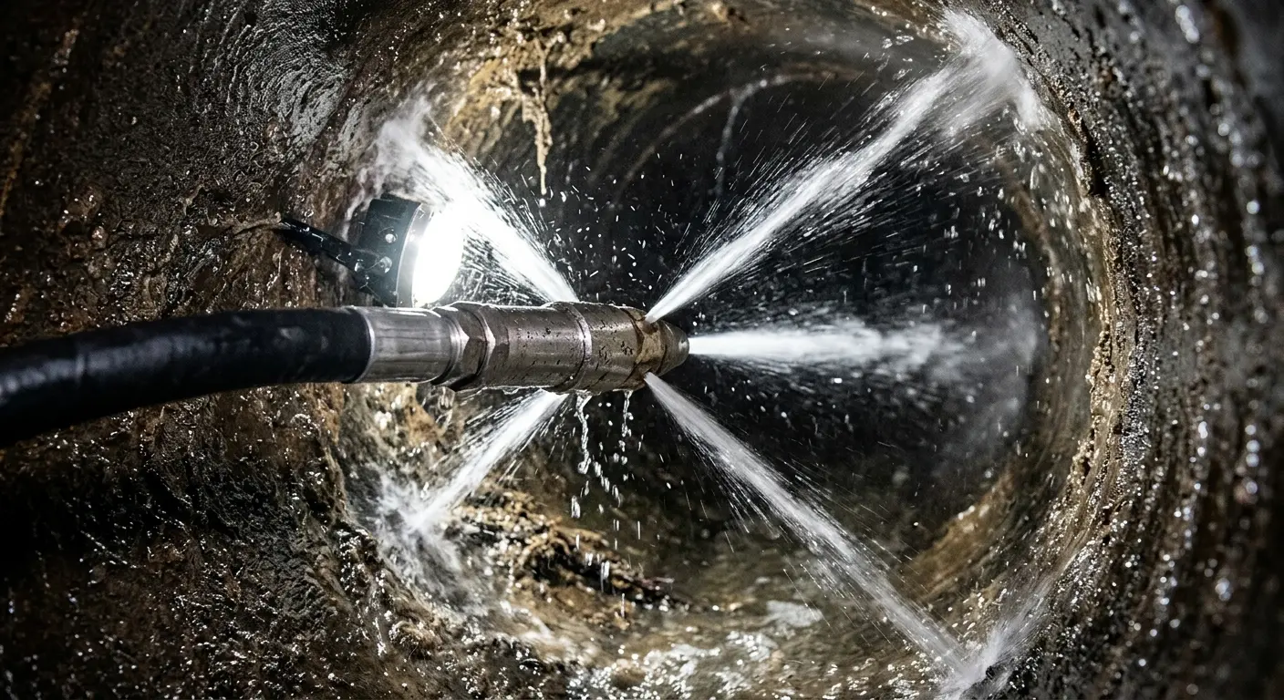 High-pressure hydro jetting nozzle cleaning sewer pipe for Emergency Drain Service in West Livingston