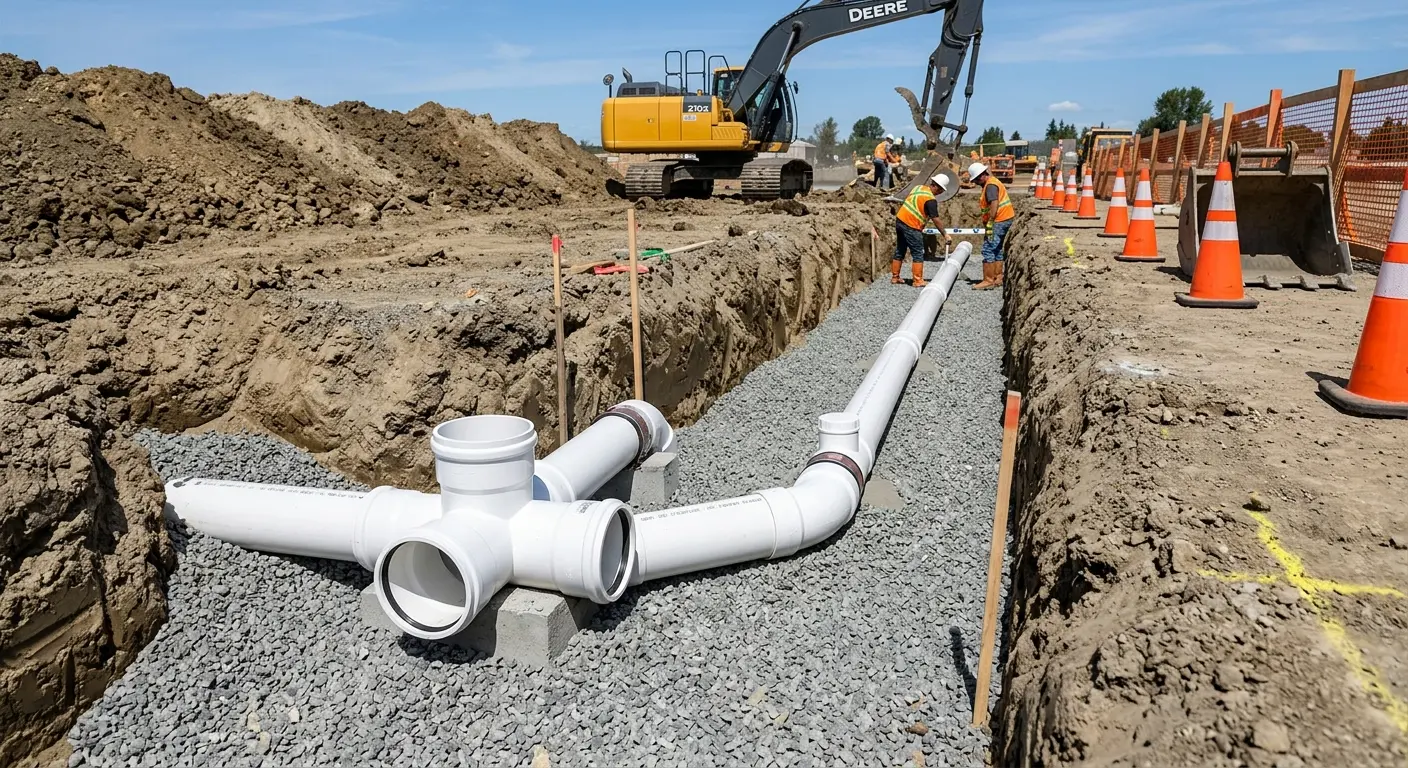 New PVC sewer pipe installation in open trench for Commercial Drain Cleaning in West Livingston