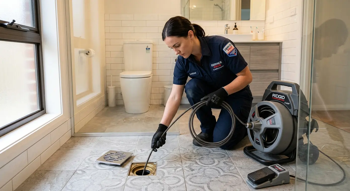 Technician clearing a bathroom floor drain for Drain Repair in West Livingston